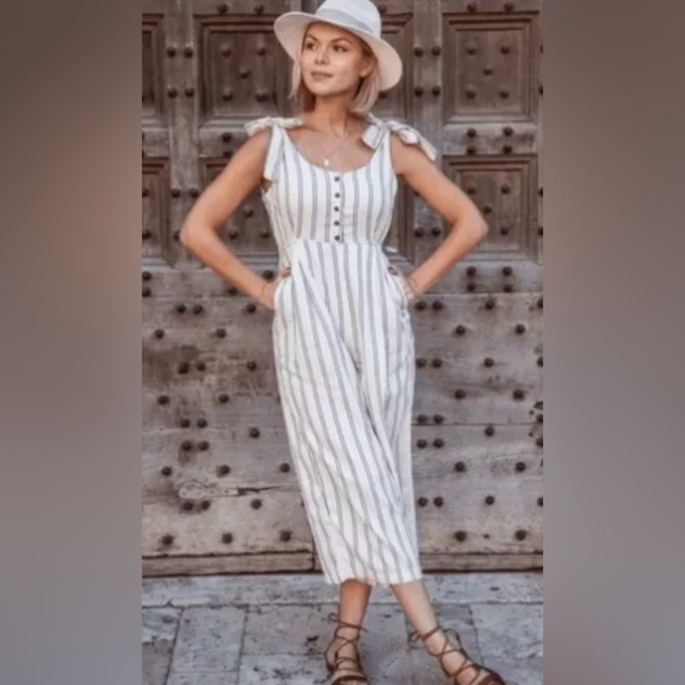 Free People White and Gray Striped Jumpsuit